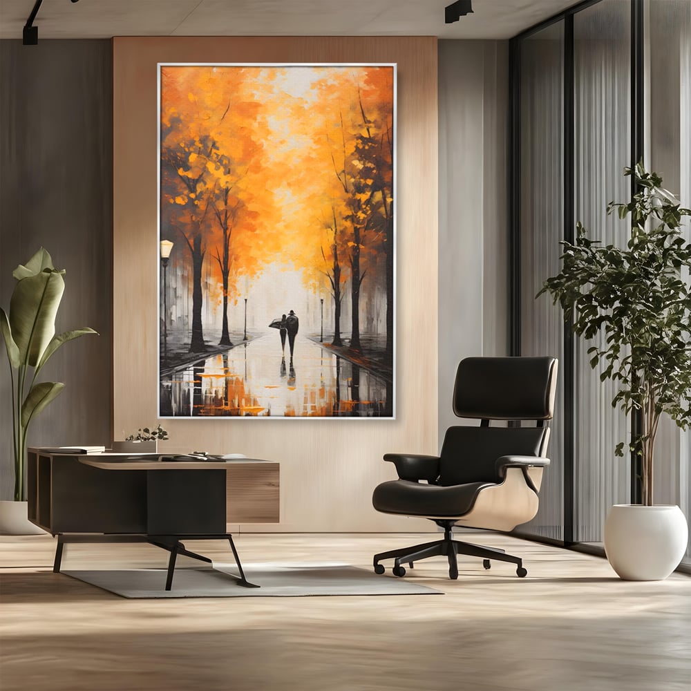 Tablou canvas cu tablou canvas cuplu sub umbrela, in rama de aluminiu argintiu, pe perete intr-un birou