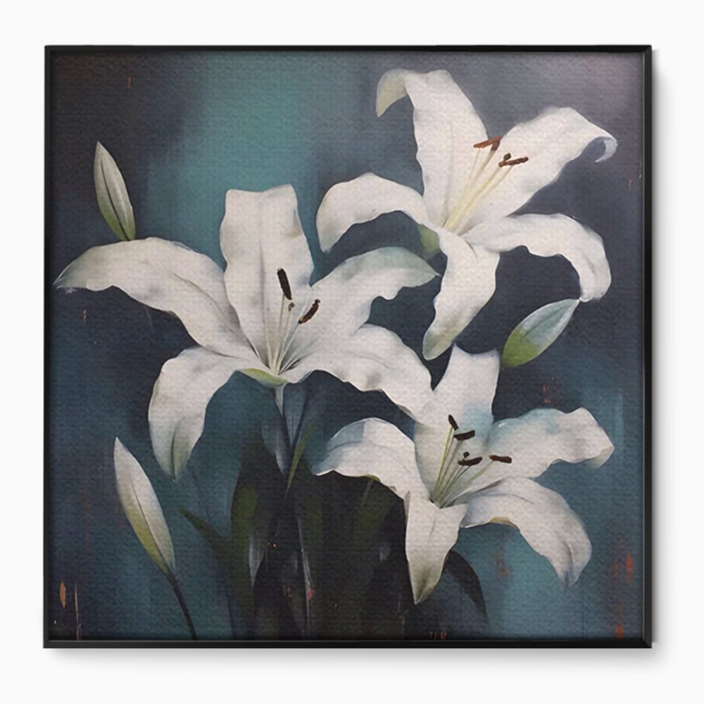 Tablou canvas cu pictura patrata cu crini albi, in rama de aluminiu negru