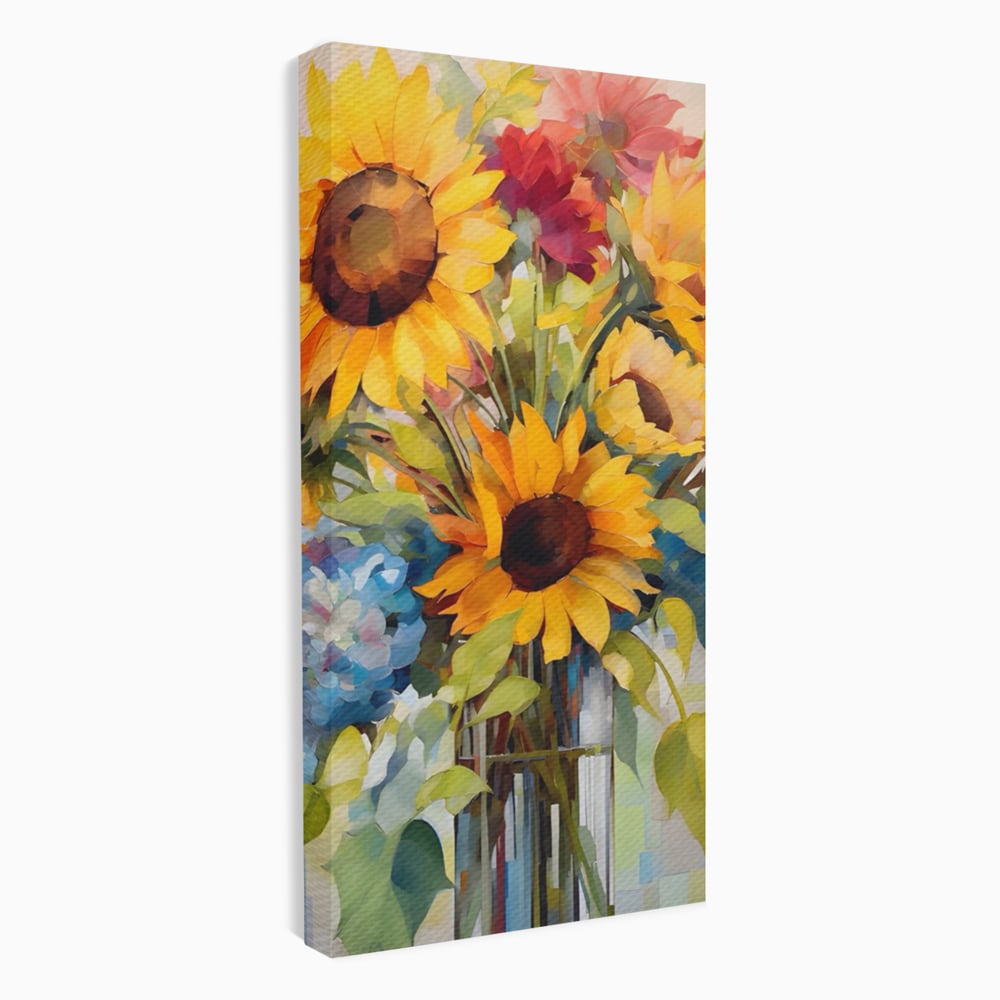 Tablou canvas cu pictura cu floarea-soarelui si flori de camp, fara rama, pe sasiu de lemn