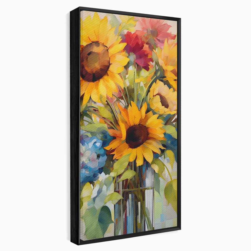 Tablou canvas cu pictura cu floarea-soarelui si flori de camp, in rama de aluminiu negru