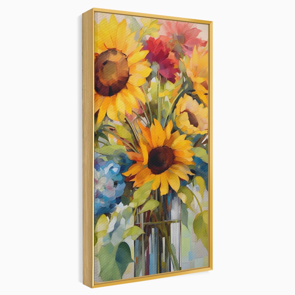 Tablou canvas cu pictura cu floarea-soarelui si flori de camp, in rama de aluminiu auriu
