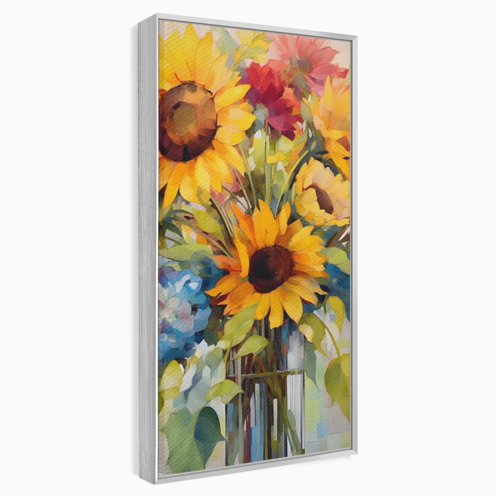 Tablou canvas cu pictura cu floarea-soarelui si flori de camp, in rama de aluminiu argintiu