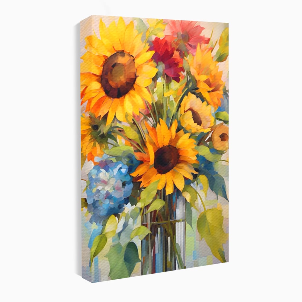Tablou canvas cu pictura cu floarea-soarelui si flori de camp, fara rama, pe sasiu de lemn