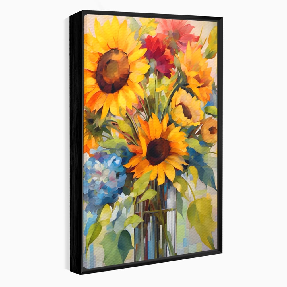 Tablou canvas cu pictura cu floarea-soarelui si flori de camp, in rama de aluminiu negru