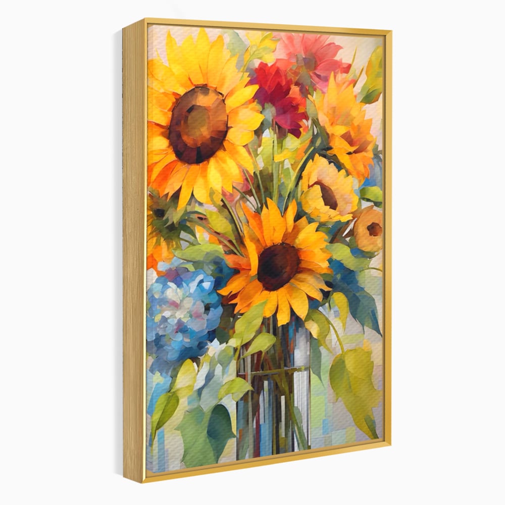 Tablou canvas cu pictura cu floarea-soarelui si flori de camp, in rama de aluminiu auriu