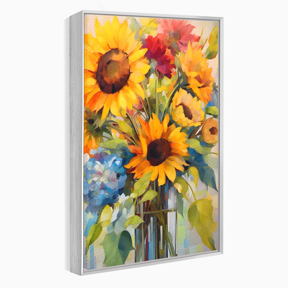 Tablou canvas cu pictura cu floarea-soarelui si flori de camp, in rama de aluminiu argintiu