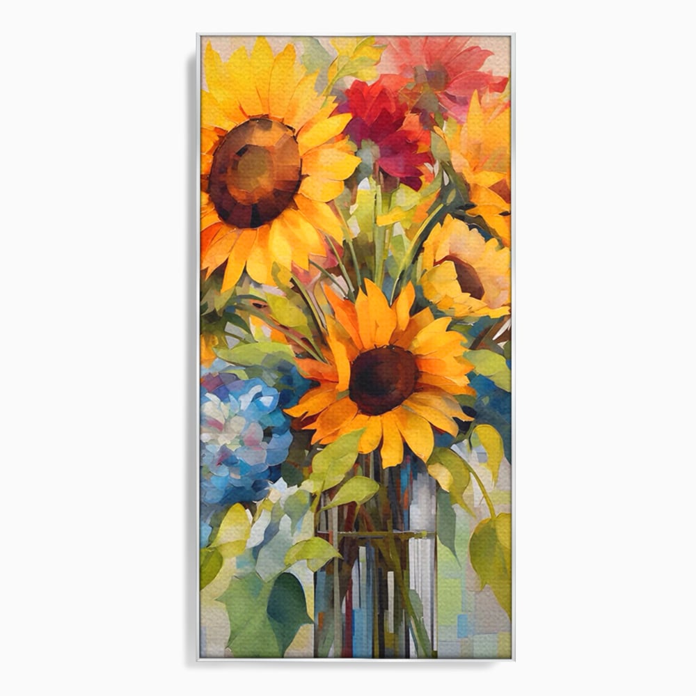 Tablou canvas cu pictura cu floarea-soarelui si flori de camp, in rama de aluminiu argintiu