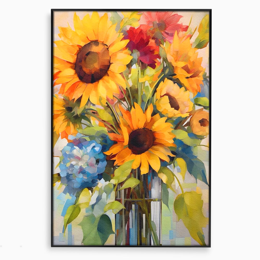 Tablou canvas cu pictura cu floarea-soarelui si flori de camp, in rama de aluminiu negru