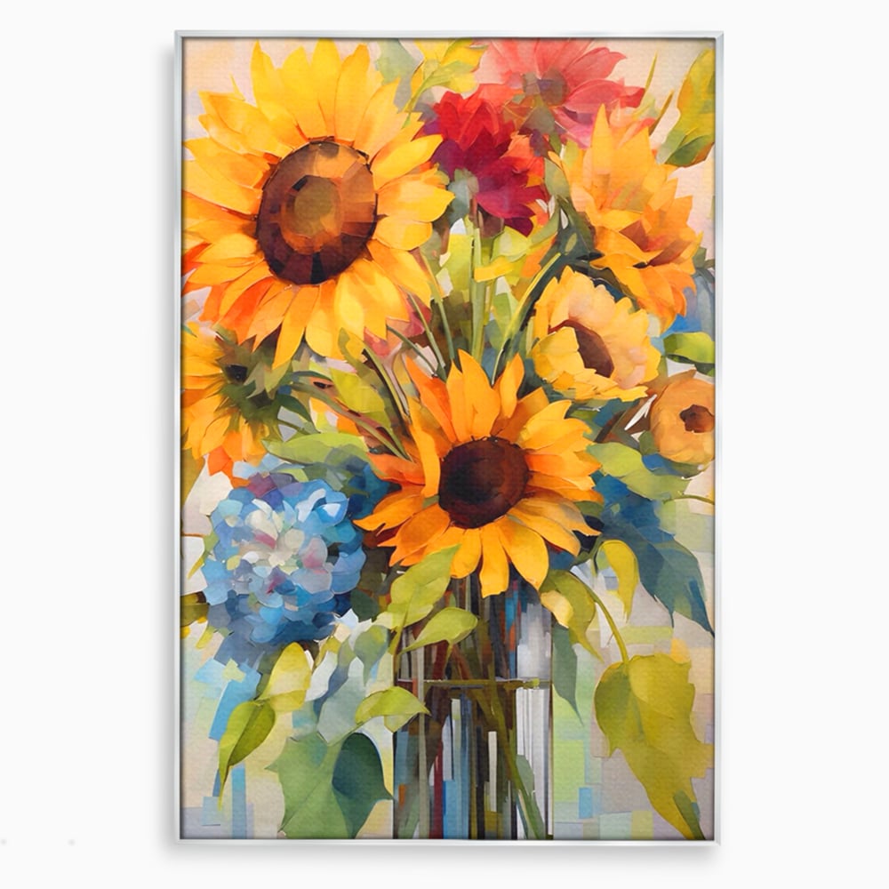 Tablou canvas cu pictura cu floarea-soarelui si flori de camp, in rama de aluminiu argintiu