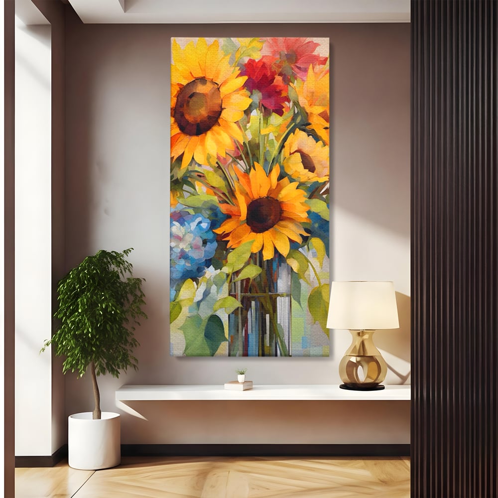 Tablou canvas cu pictura cu floarea-soarelui si flori de camp, fara rama, pe sasiu de lemn