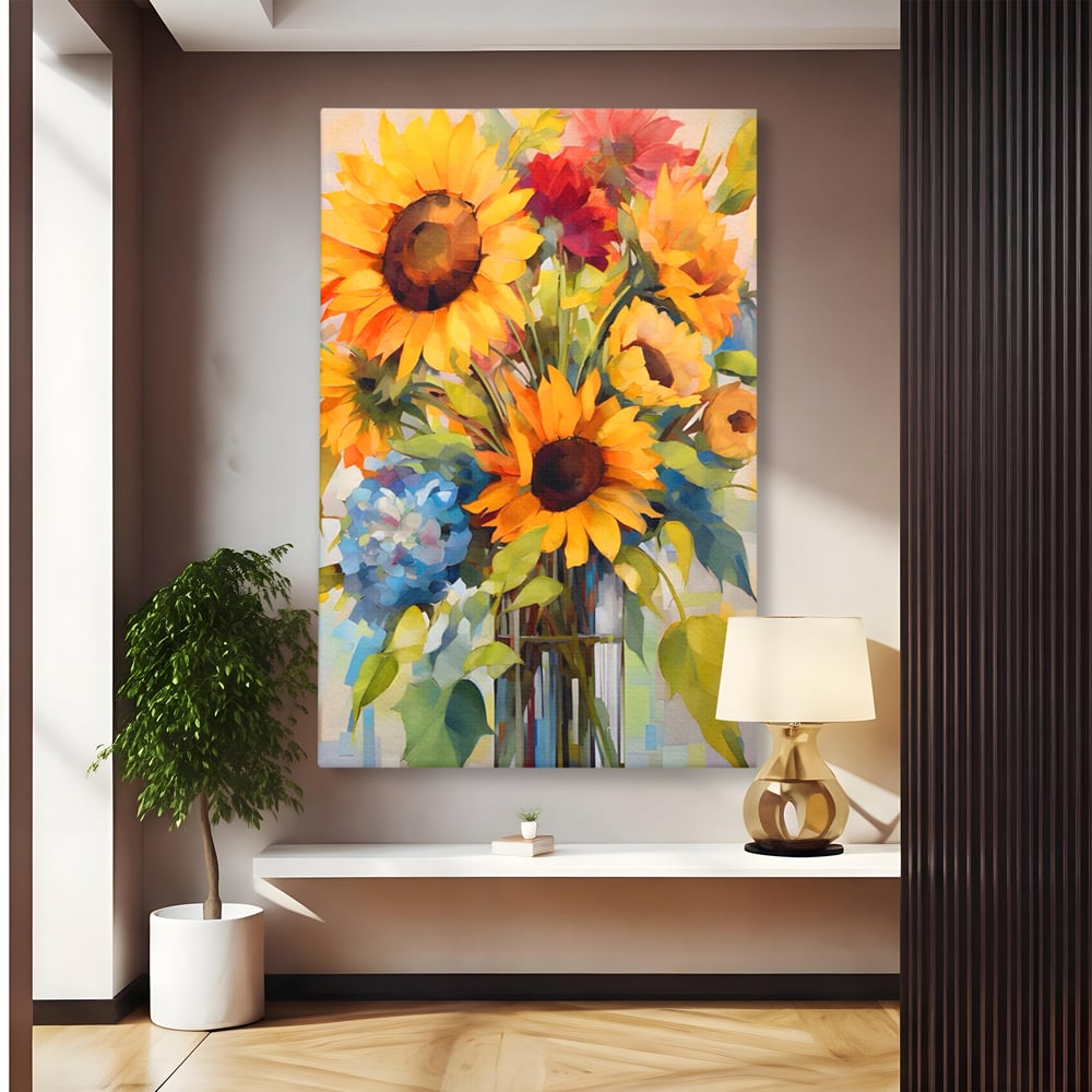 Tablou canvas cu pictura cu floarea-soarelui si flori de camp, fara rama, pe sasiu de lemn