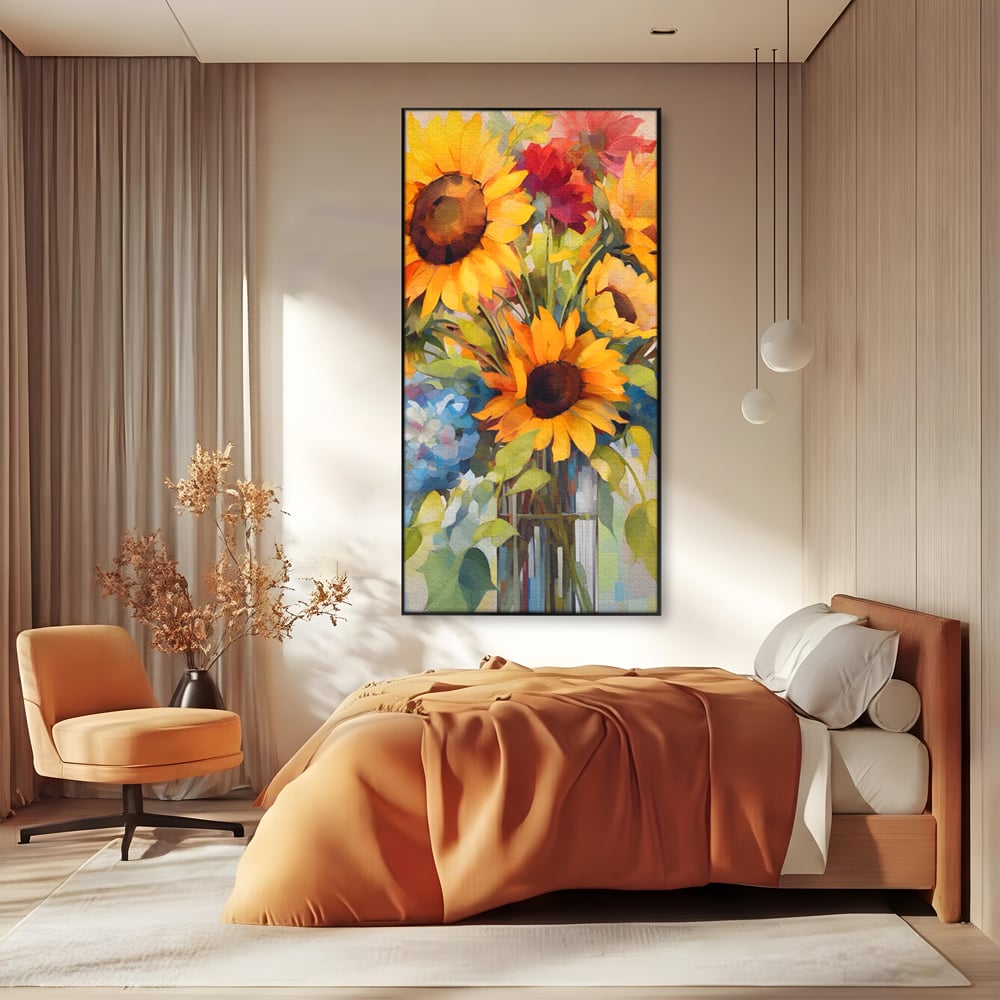 Tablou canvas cu pictura cu floarea-soarelui si flori de camp, in rama de aluminiu negru, pe perete intr-un dormitor
