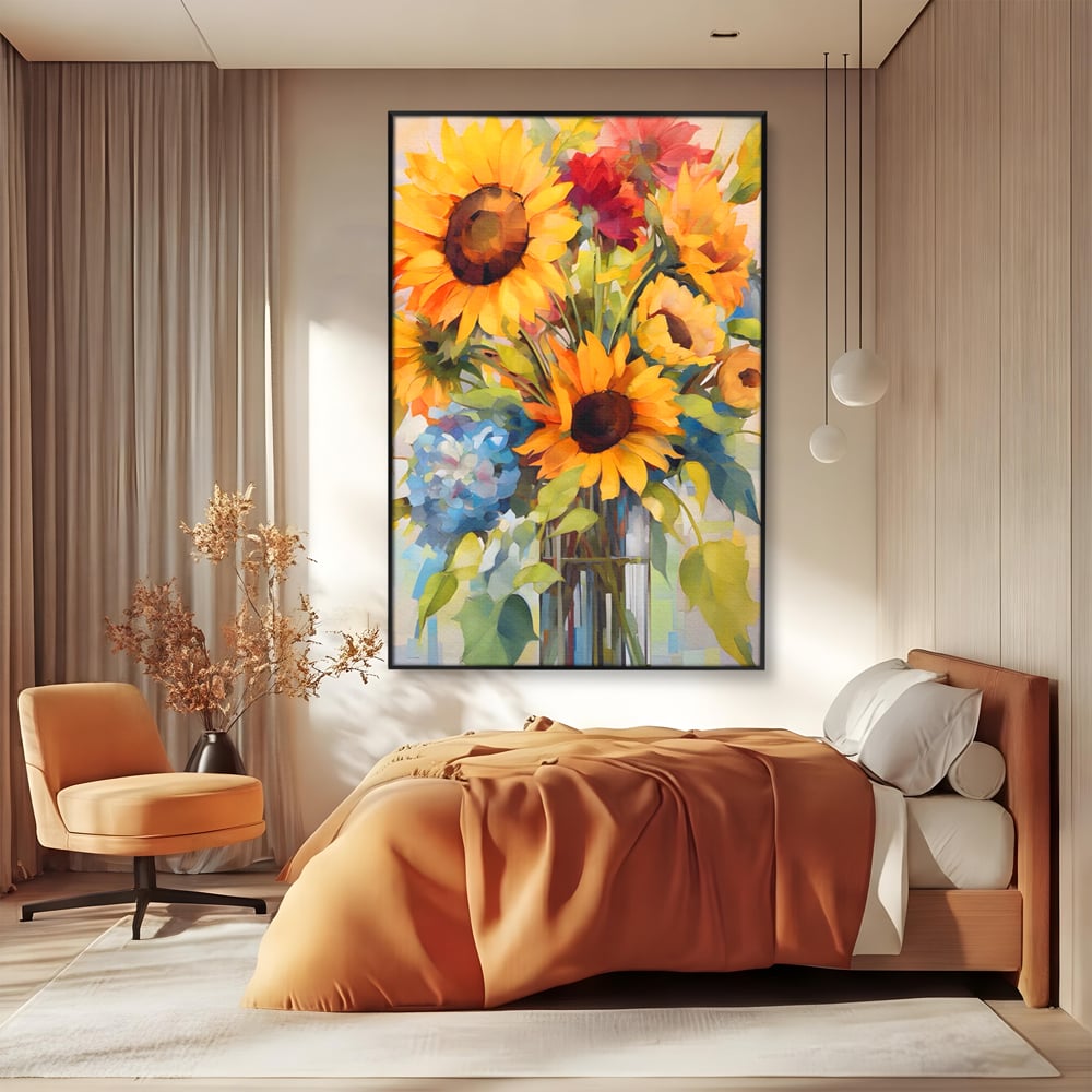 Tablou canvas cu pictura cu floarea-soarelui si flori de camp, in rama de aluminiu negru, pe perete intr-un dormitor