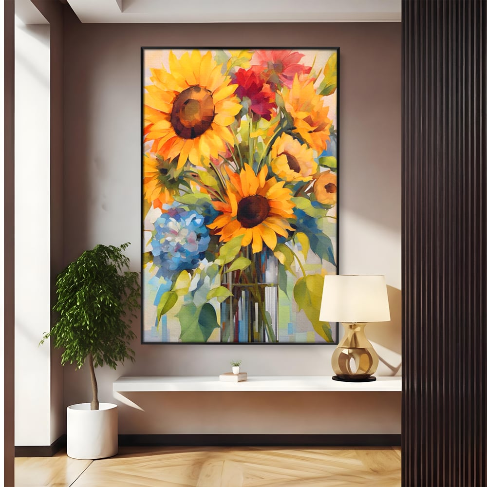 Tablou canvas cu pictura cu floarea-soarelui si flori de camp, in rama de aluminiu negru