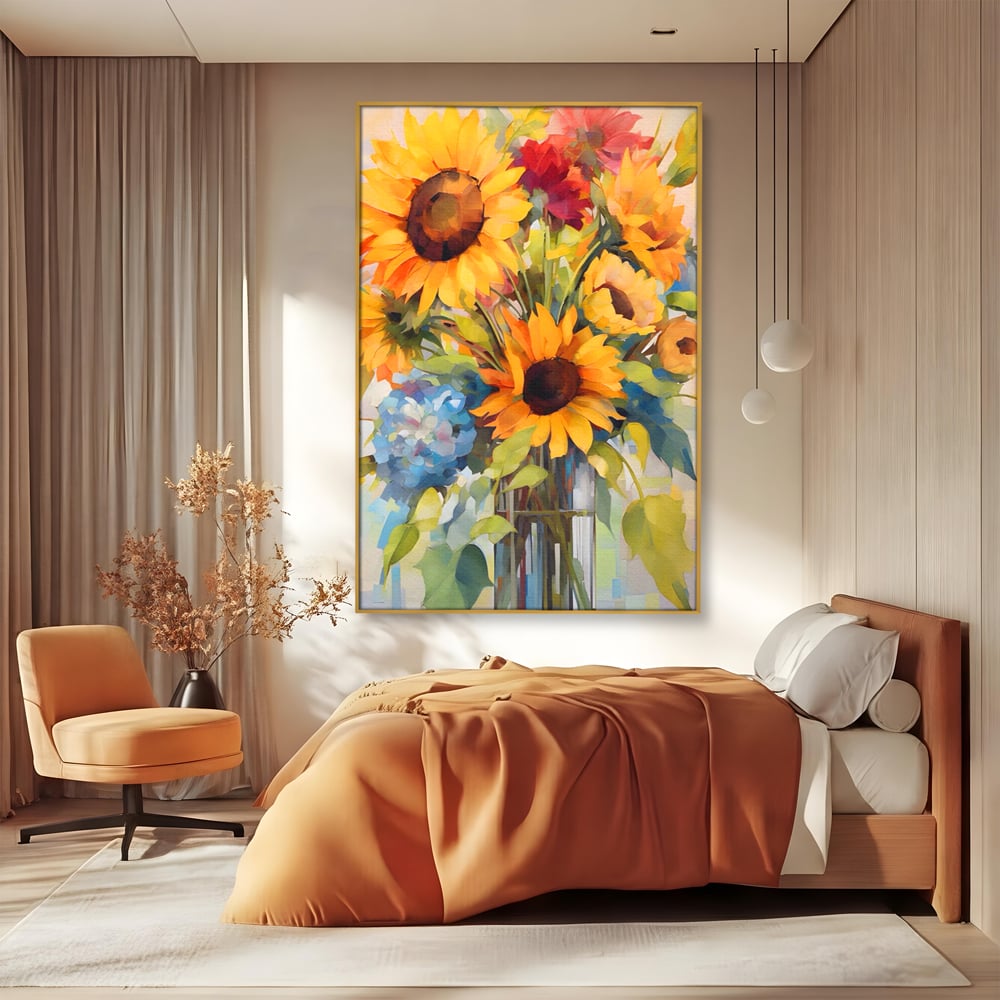 Tablou canvas cu pictura cu floarea-soarelui si flori de camp, in rama de aluminiu auriu, pe perete intr-un dormitor