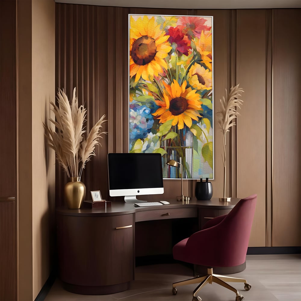 Tablou canvas cu pictura cu floarea-soarelui si flori de camp, in rama de aluminiu argintiu, pe perete intr-un birou