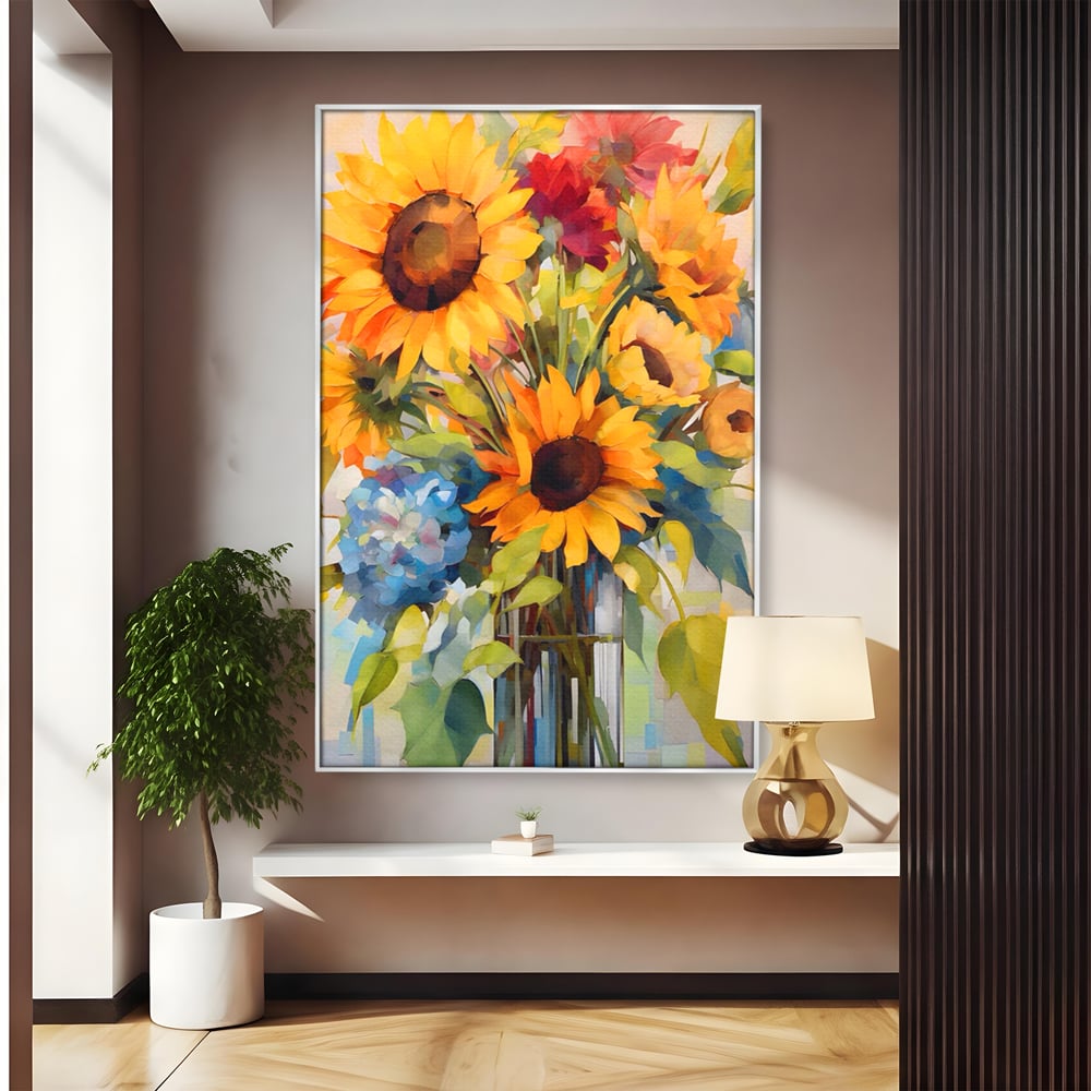 Tablou canvas cu pictura cu floarea-soarelui si flori de camp, in rama de aluminiu argintiu