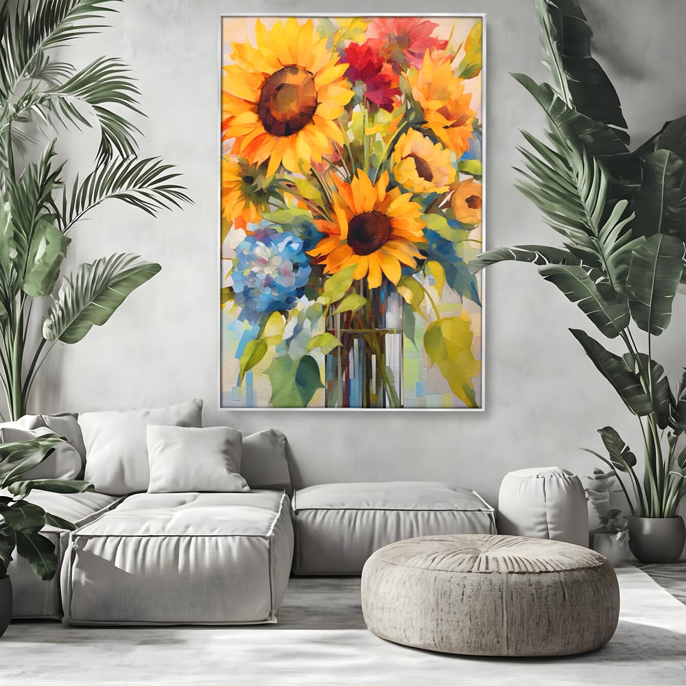 Tablou canvas cu pictura cu floarea-soarelui si flori de camp, in rama de aluminiu argintiu, pe perete intr-un living