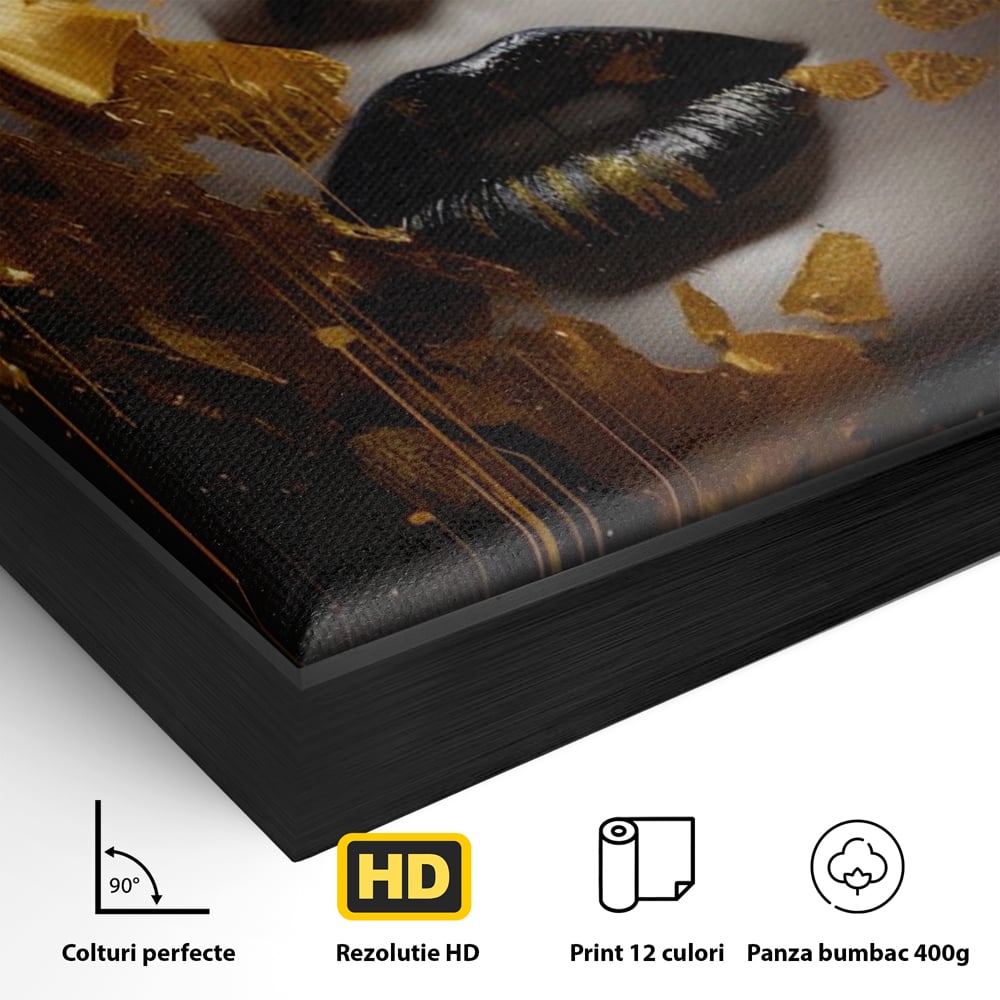 Detaliu al suprafetei: tablou canvas cu portret feminin auriu, in rama de aluminiu negru