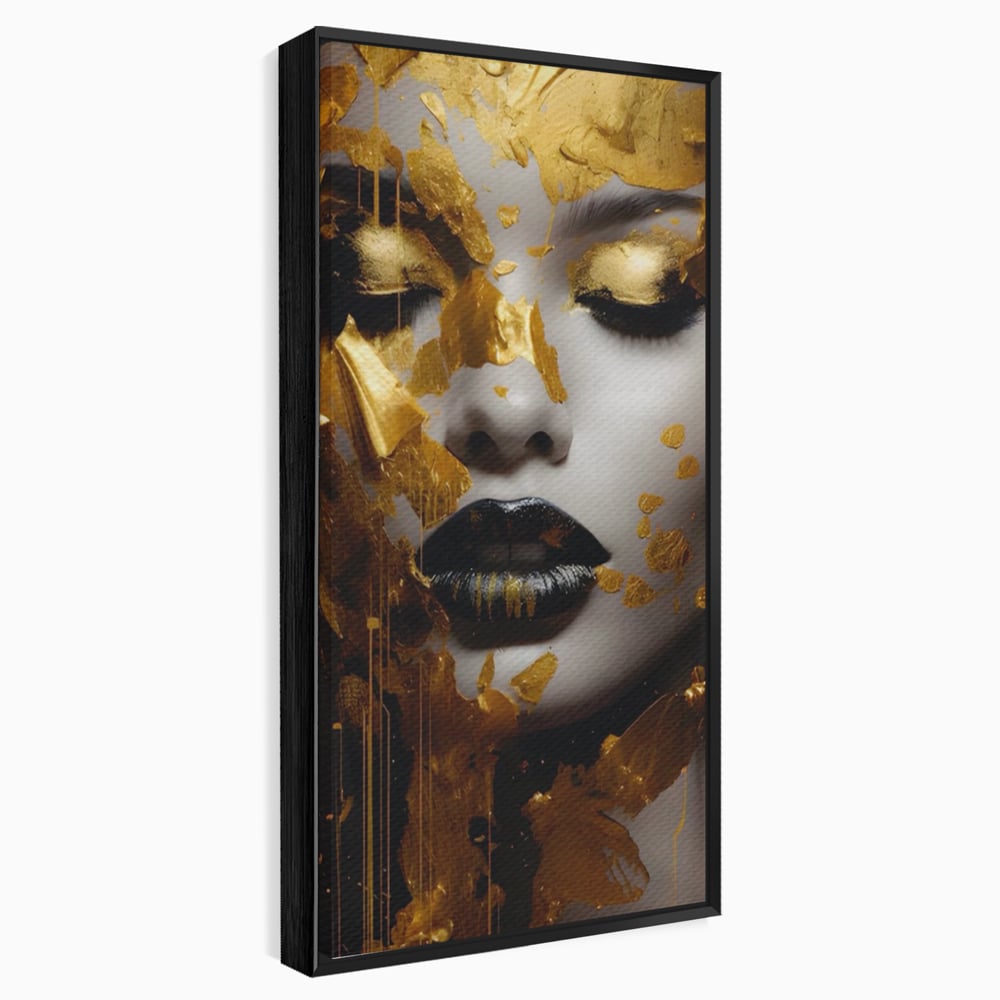 Tablou canvas cu tablou canvas cu portret feminin auriu, in rama de aluminiu negru