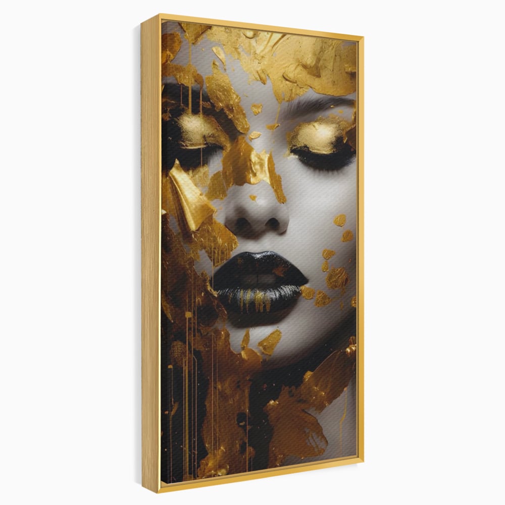 Tablou canvas cu tablou canvas cu portret feminin auriu, in rama de aluminiu auriu