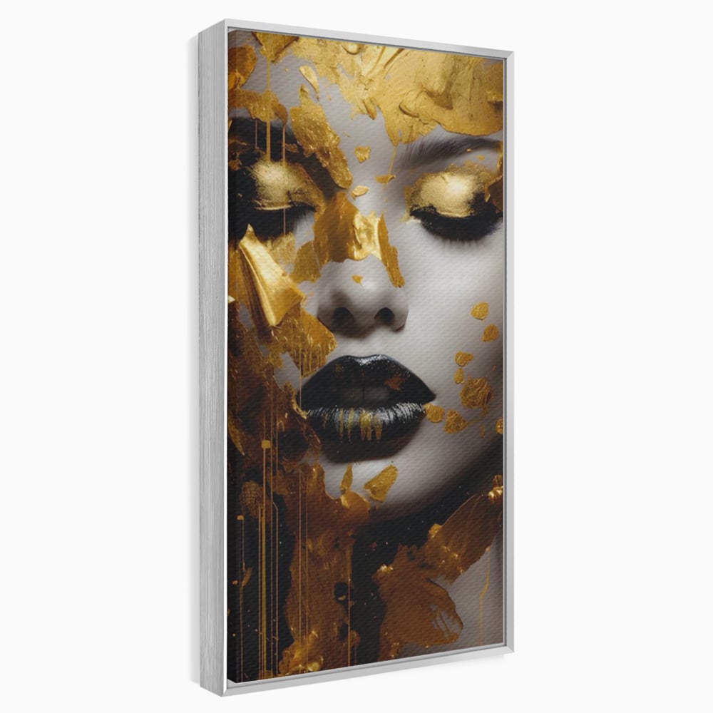 Tablou canvas cu tablou canvas cu portret feminin auriu, in rama de aluminiu argintiu