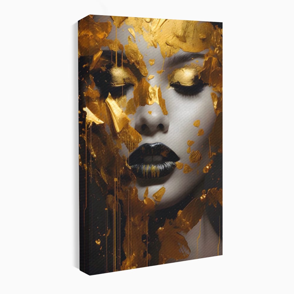 Tablou canvas cu tablou canvas cu portret feminin auriu, fara rama, pe sasiu de lemn