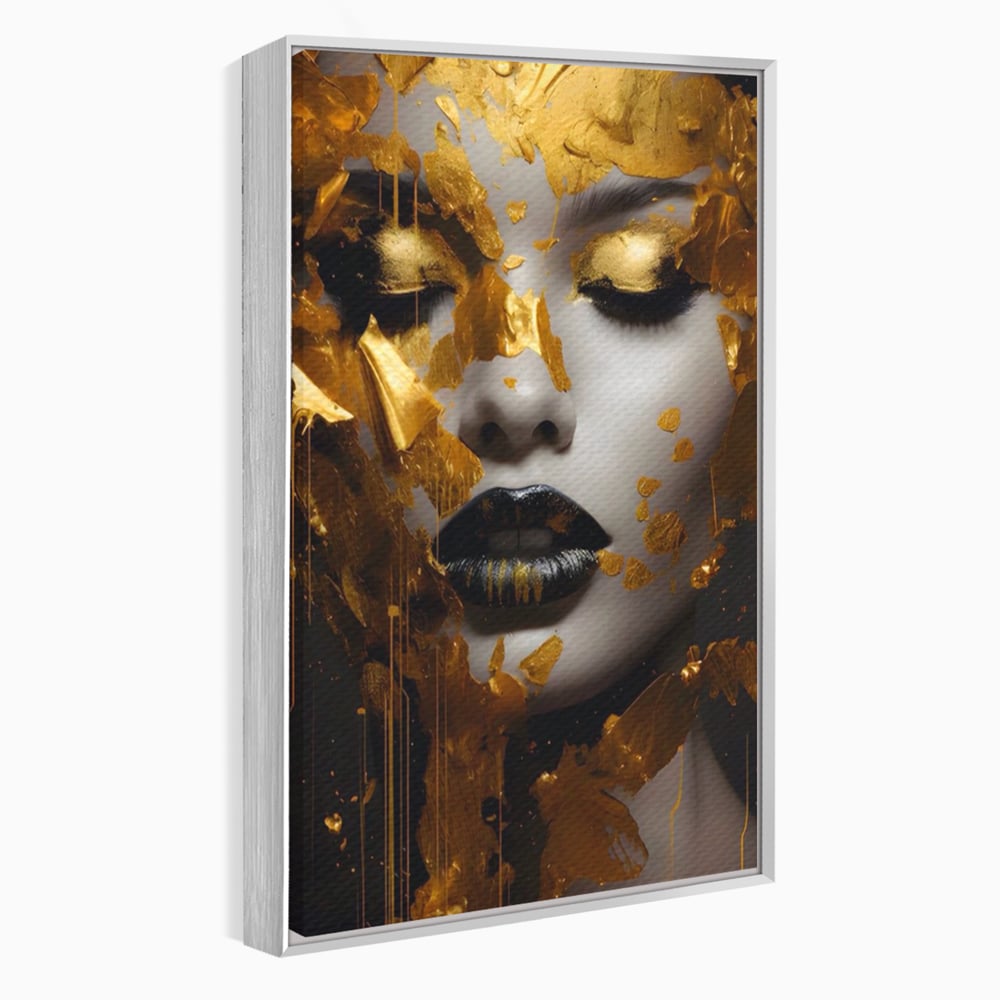 Tablou canvas cu tablou canvas cu portret feminin auriu, in rama de aluminiu argintiu