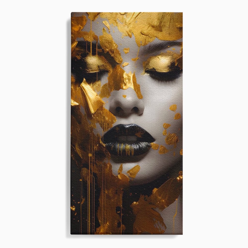 Tablou canvas cu tablou canvas cu portret feminin auriu, fara rama, pe sasiu de lemn