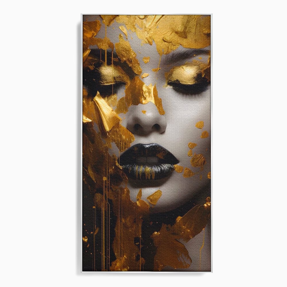 Tablou canvas cu tablou canvas cu portret feminin auriu, in rama de aluminiu argintiu