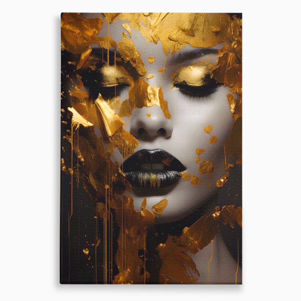 Tablou canvas cu tablou canvas cu portret feminin auriu, fara rama, pe sasiu de lemn