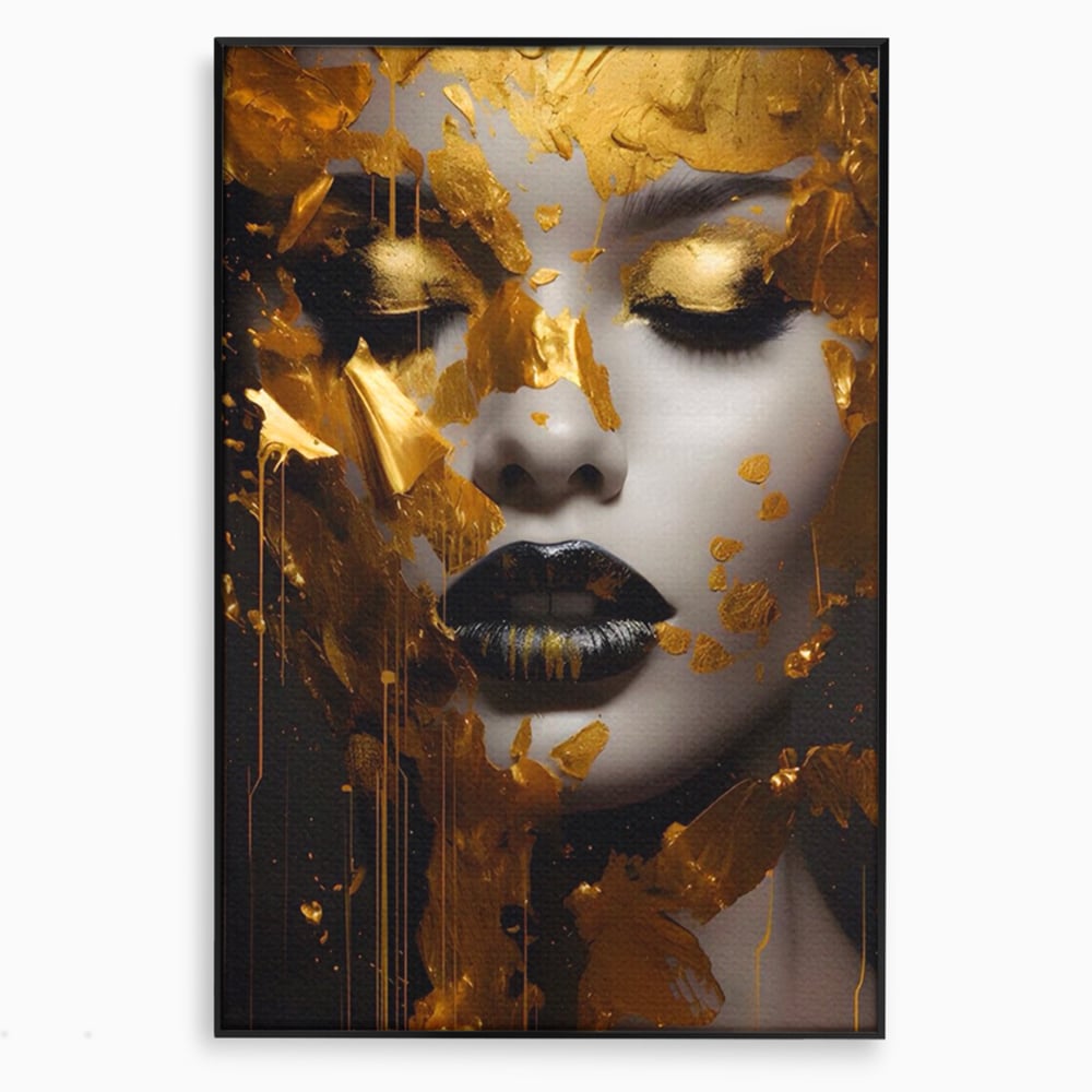 Tablou canvas cu tablou canvas cu portret feminin auriu, in rama de aluminiu negru