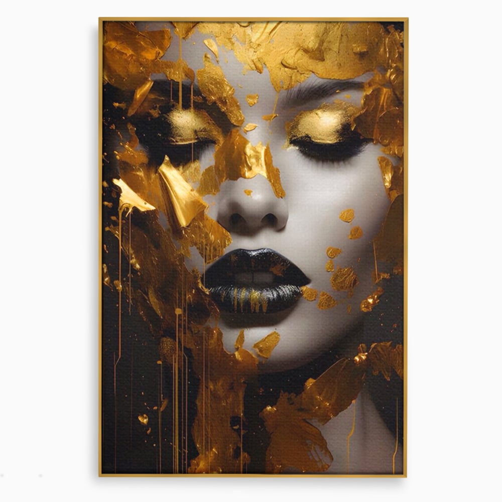 Tablou canvas cu tablou canvas cu portret feminin auriu, in rama de aluminiu auriu