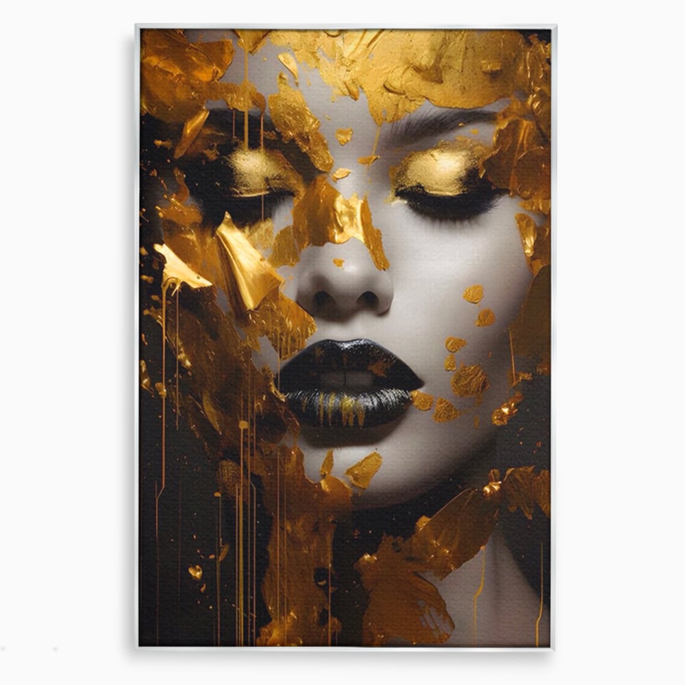 Tablou canvas cu tablou canvas cu portret feminin auriu, in rama de aluminiu argintiu