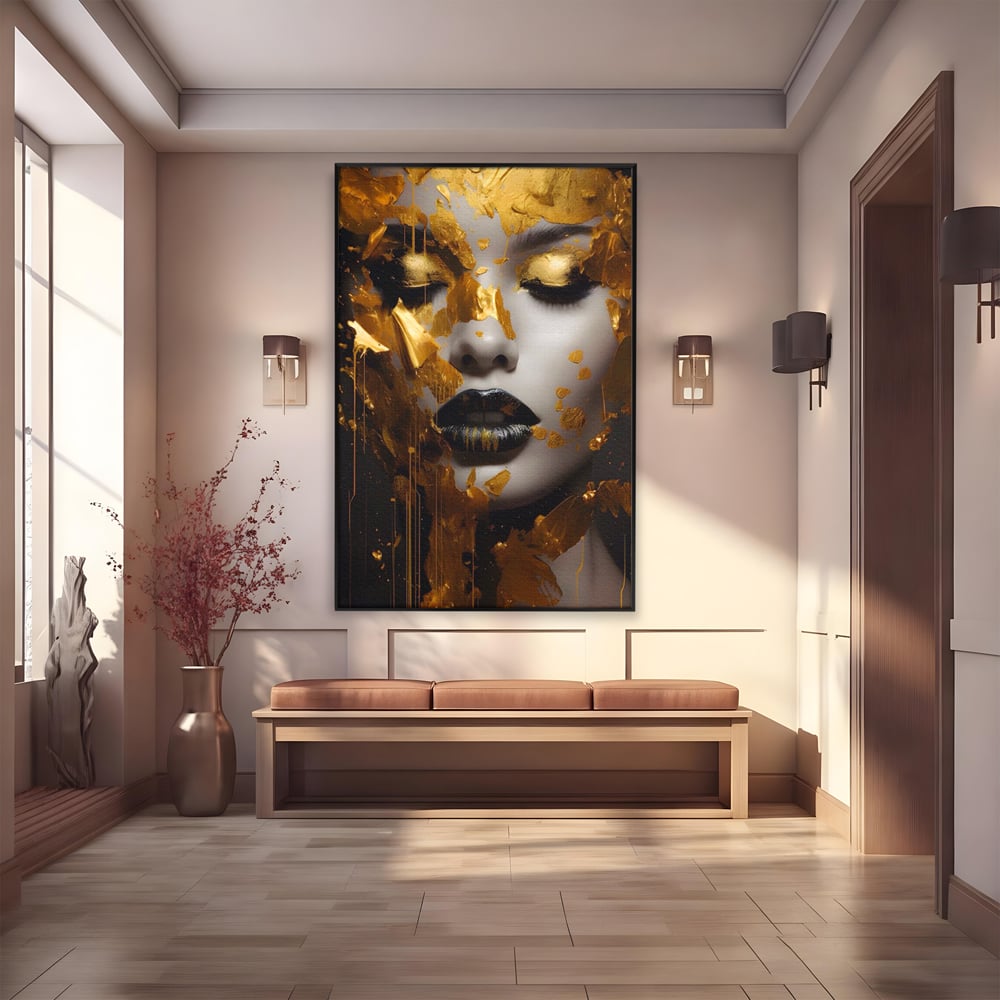 Tablou canvas cu tablou canvas cu portret feminin auriu, in rama de aluminiu negru