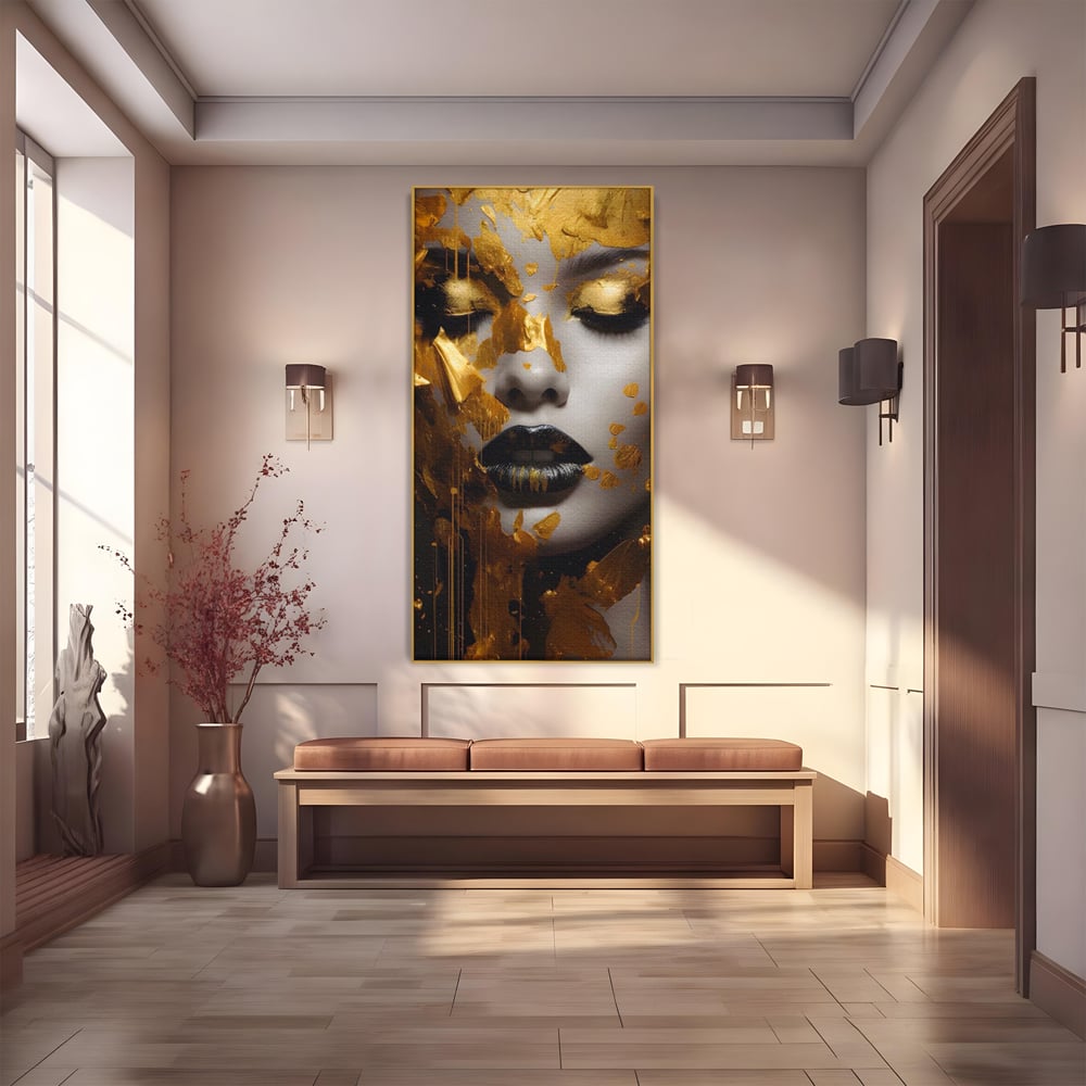 Tablou canvas cu tablou canvas cu portret feminin auriu, in rama de aluminiu auriu