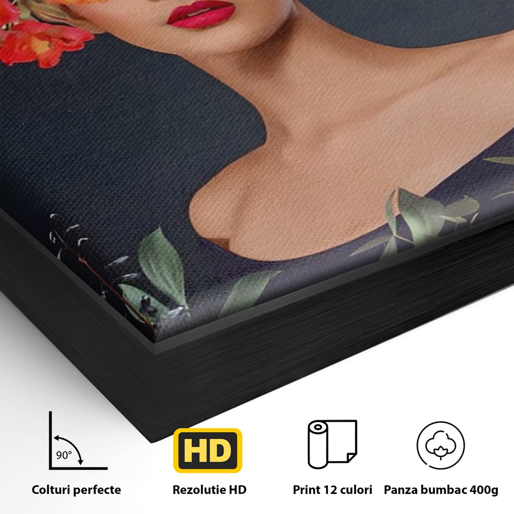 Detaliu al suprafetei: tablou portret femeie cu flori, in rama de aluminiu negru