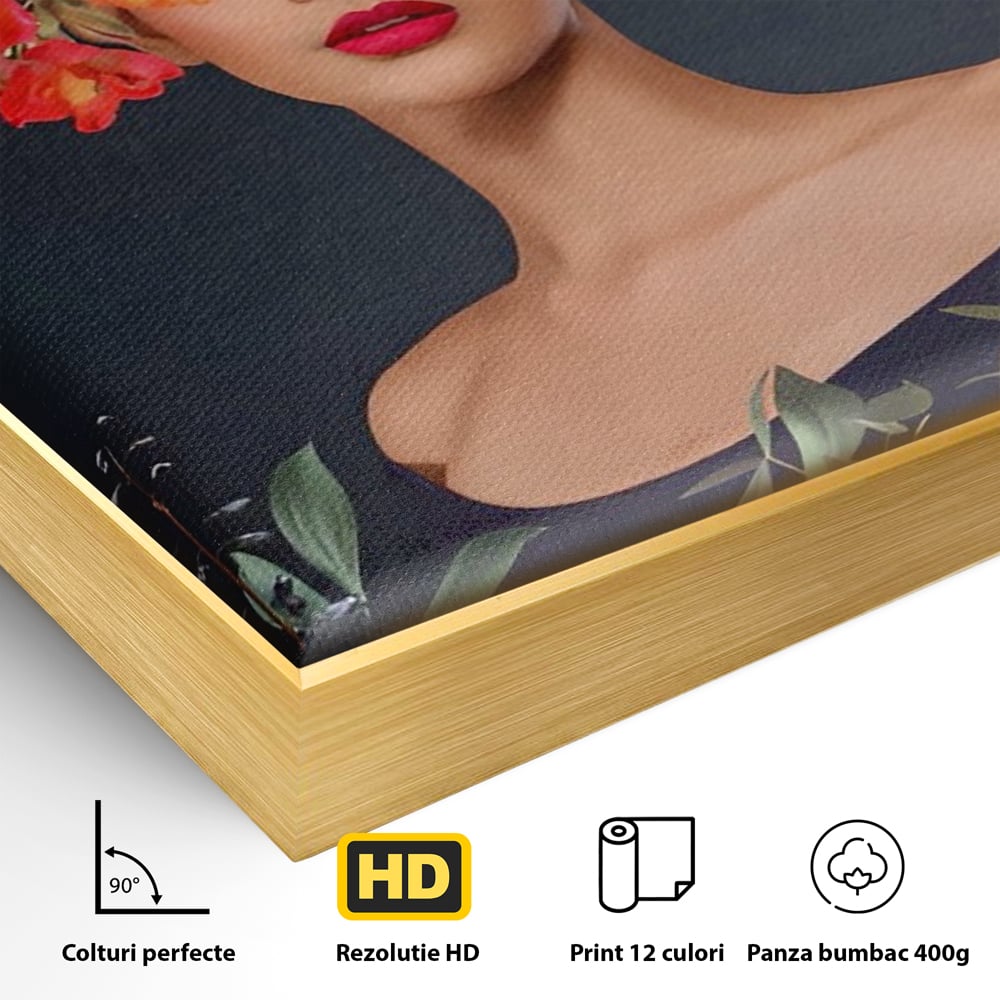 Detaliu al suprafetei: tablou portret femeie cu flori, in rama de aluminiu auriu