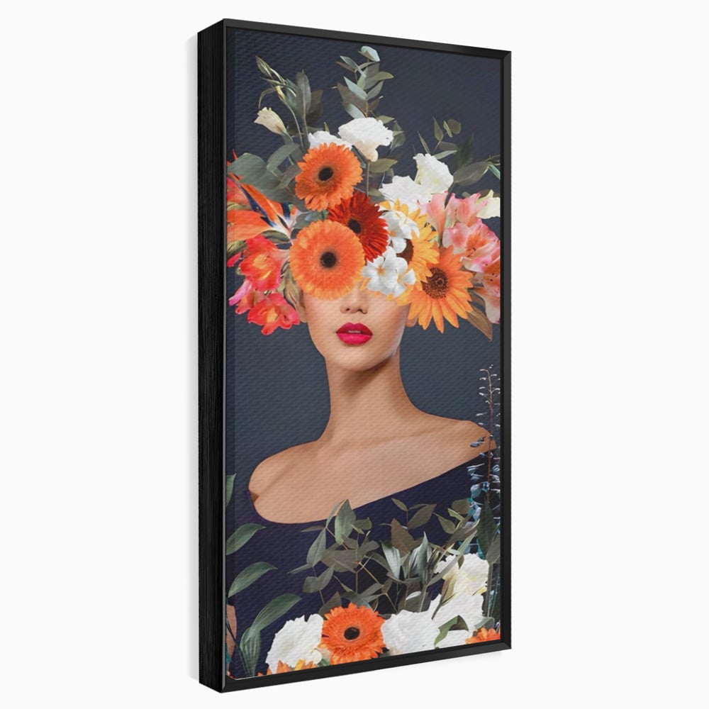 Tablou canvas cu tablou portret femeie cu flori, in rama de aluminiu negru