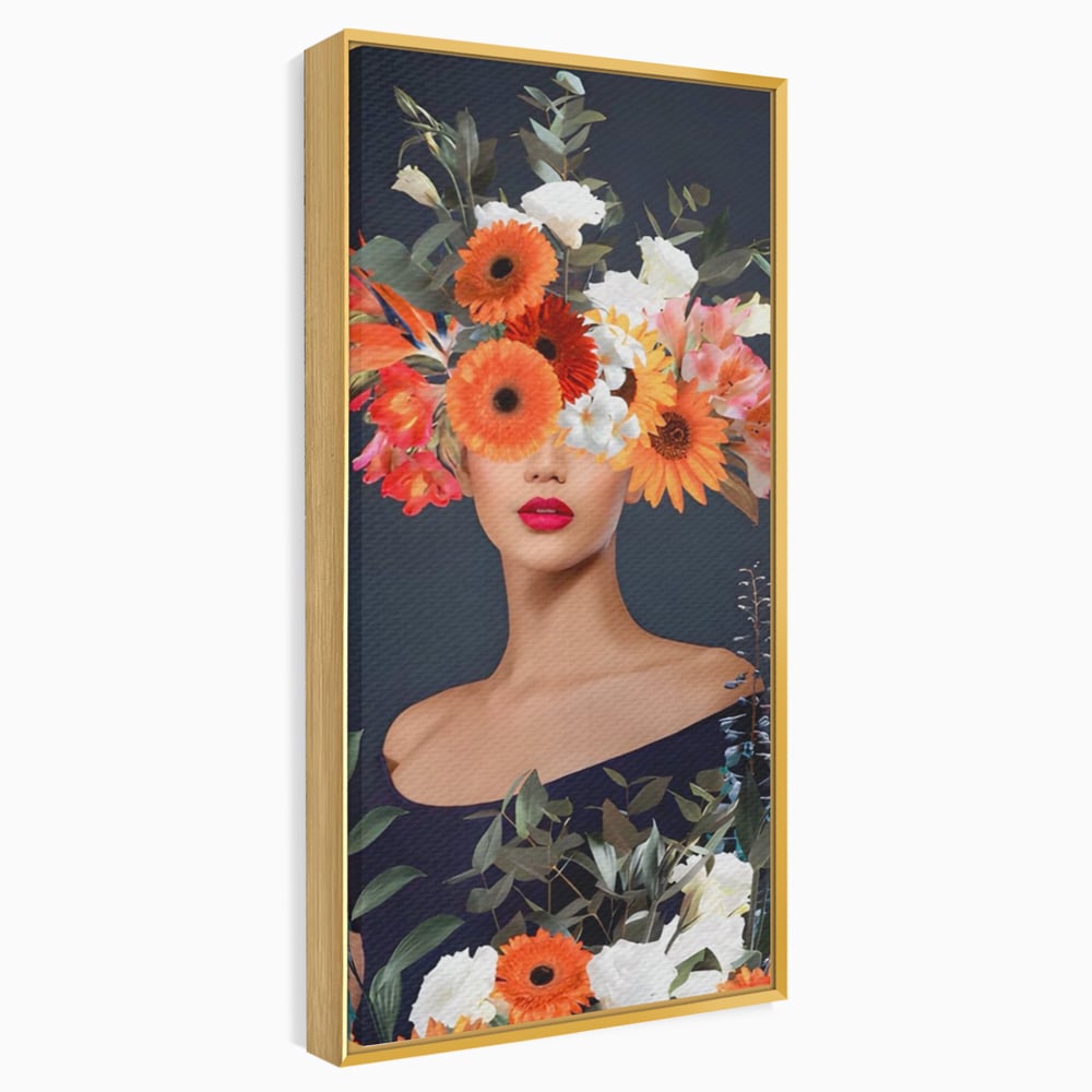 Tablou canvas cu tablou portret femeie cu flori, in rama de aluminiu auriu