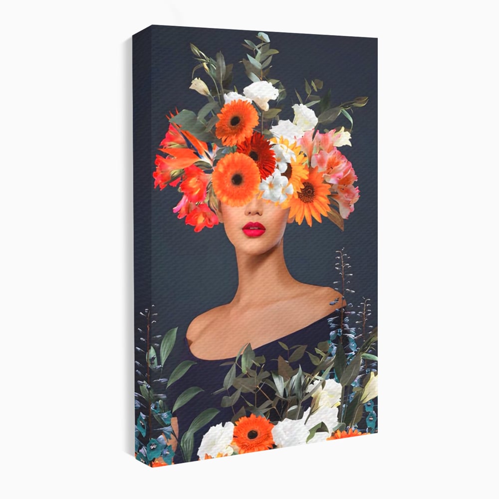 Tablou canvas cu tablou portret femeie cu flori, fara rama, pe sasiu de lemn