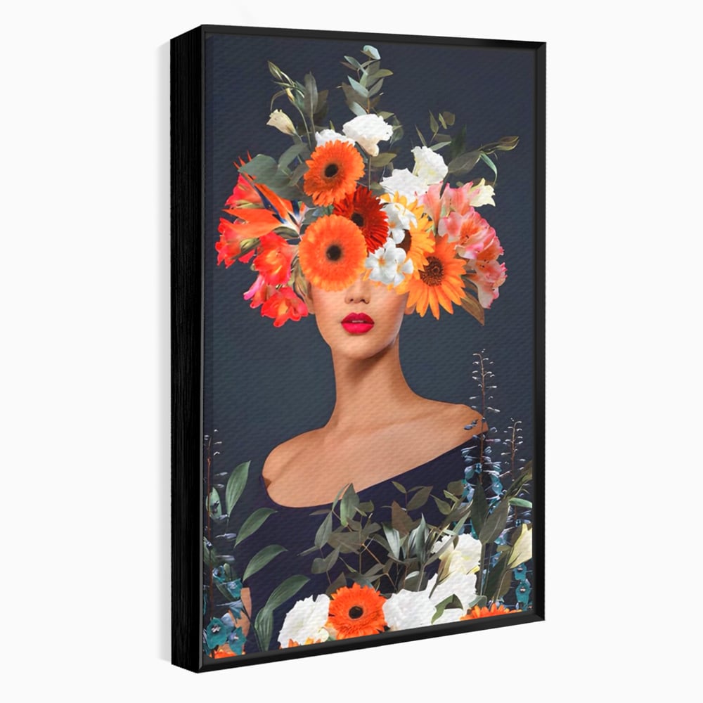 Tablou canvas cu tablou portret femeie cu flori, in rama de aluminiu negru