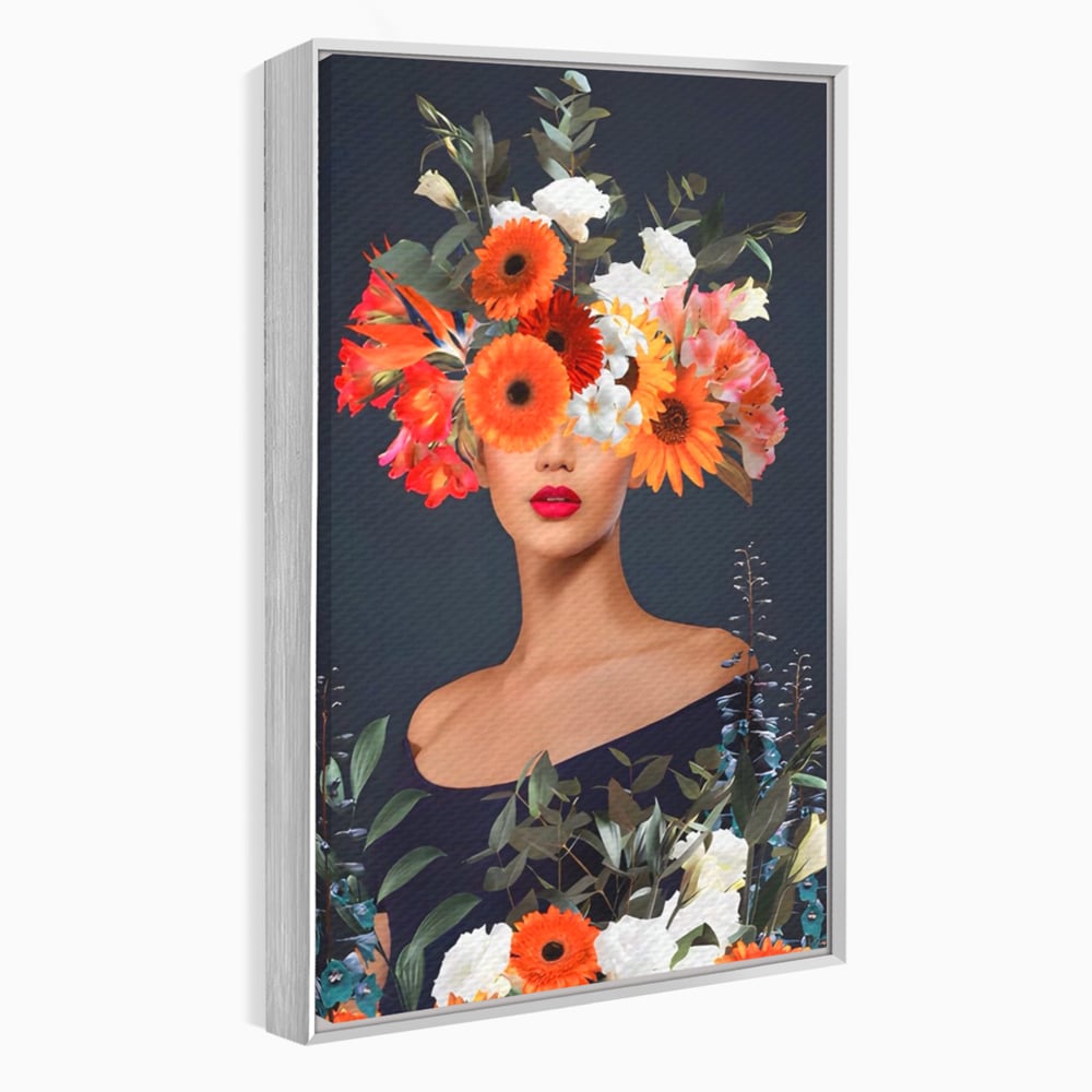 Tablou canvas cu tablou portret femeie cu flori, in rama de aluminiu argintiu