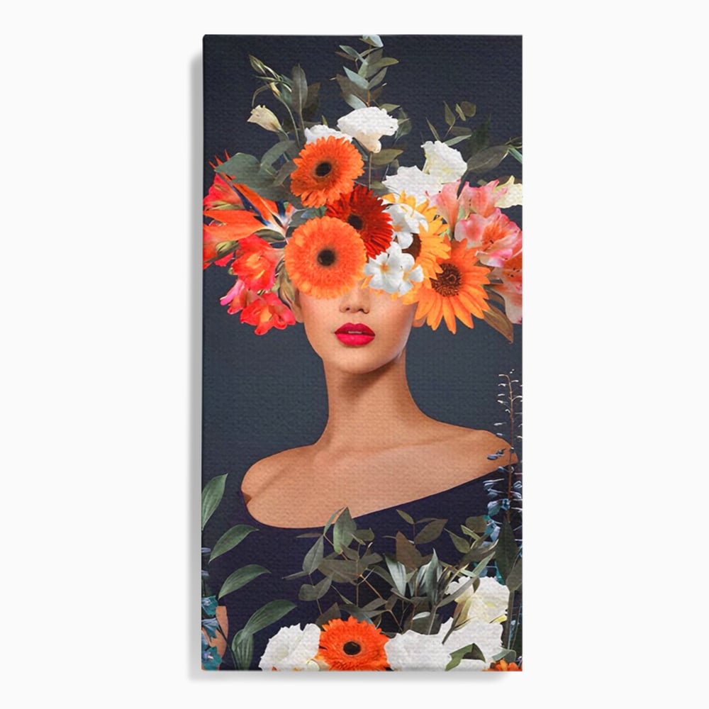 Tablou canvas cu tablou portret femeie cu flori, fara rama, pe sasiu de lemn