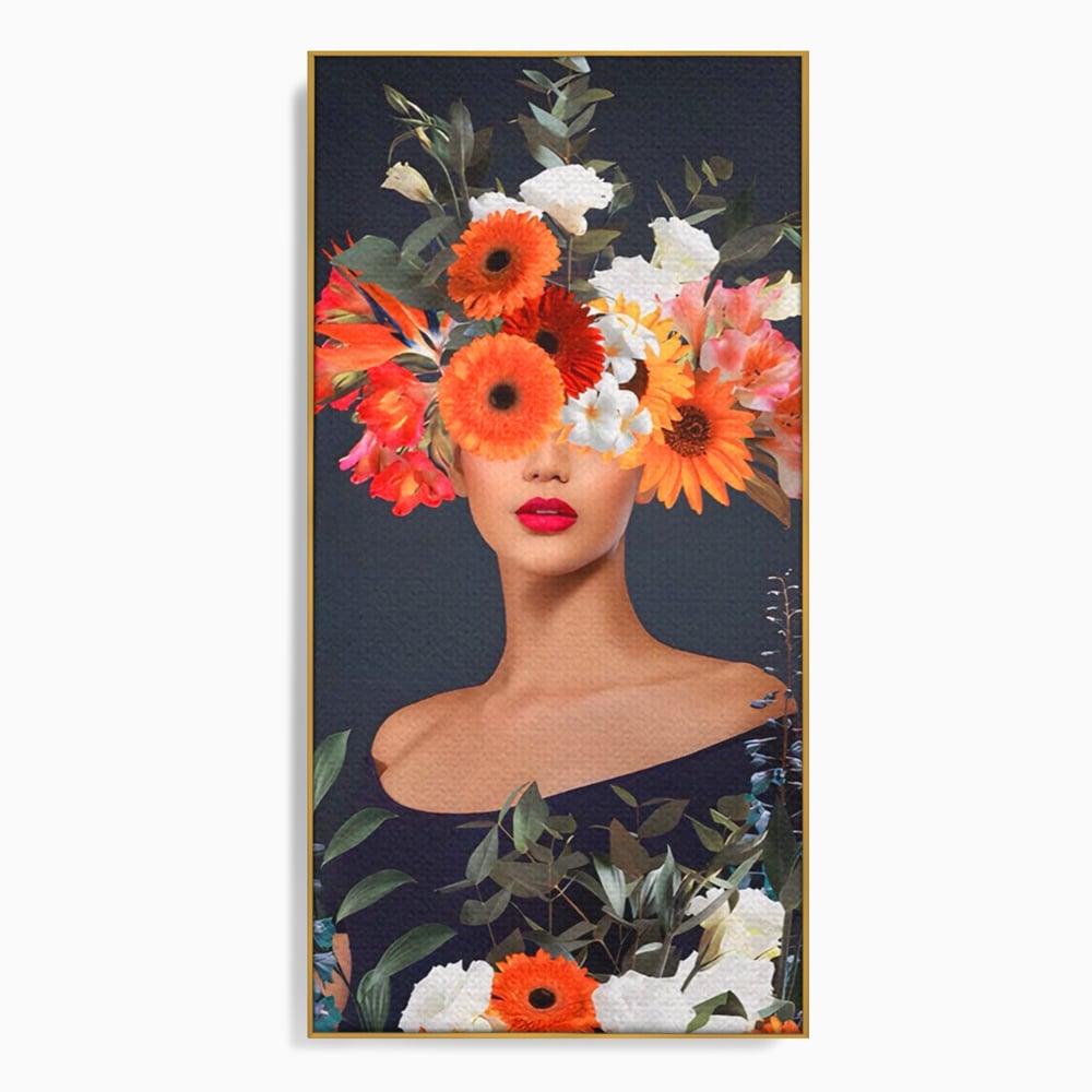 Tablou canvas cu tablou portret femeie cu flori, in rama de aluminiu auriu