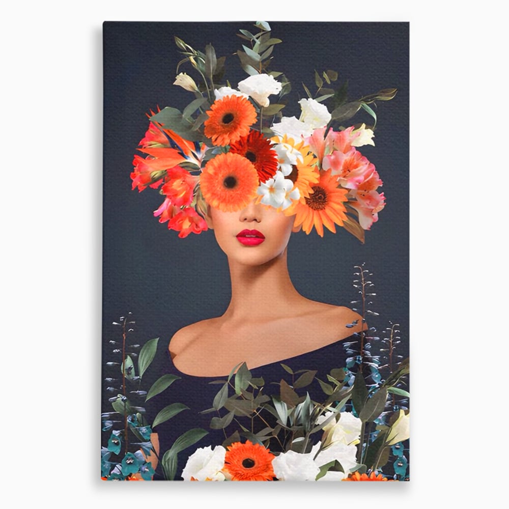 Tablou canvas cu tablou portret femeie cu flori, fara rama, pe sasiu de lemn