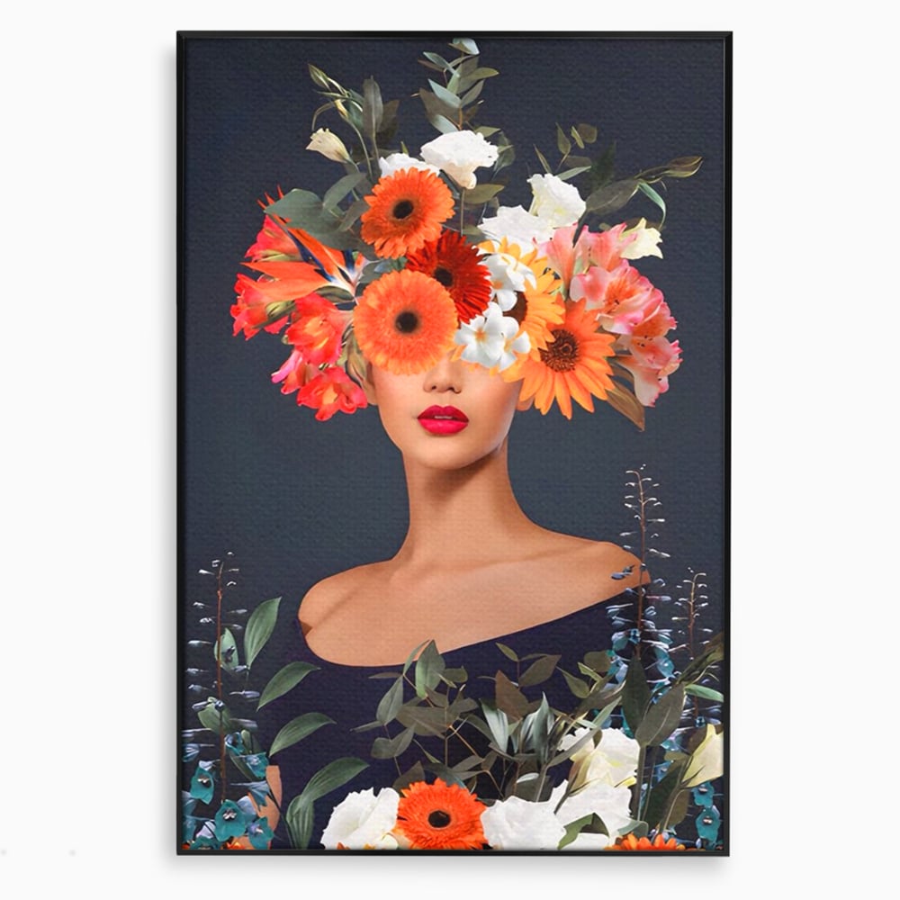Tablou canvas cu tablou portret femeie cu flori, in rama de aluminiu negru