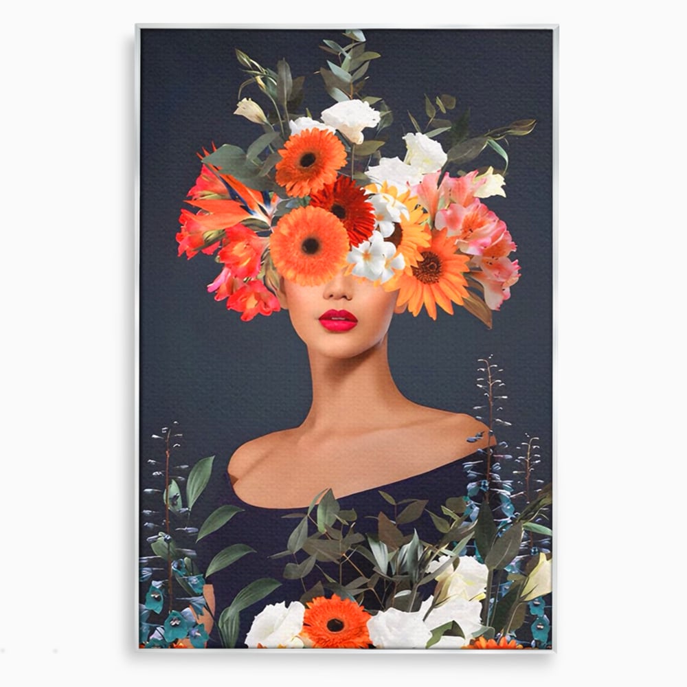 Tablou canvas cu tablou portret femeie cu flori, in rama de aluminiu argintiu
