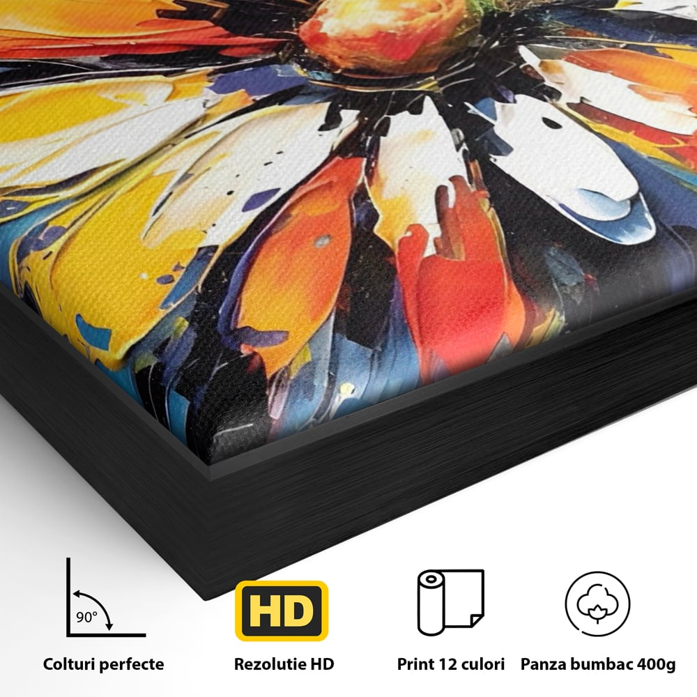 Detaliu al suprafetei: pictura abstracta cu floare colorata, in rama de aluminiu negru