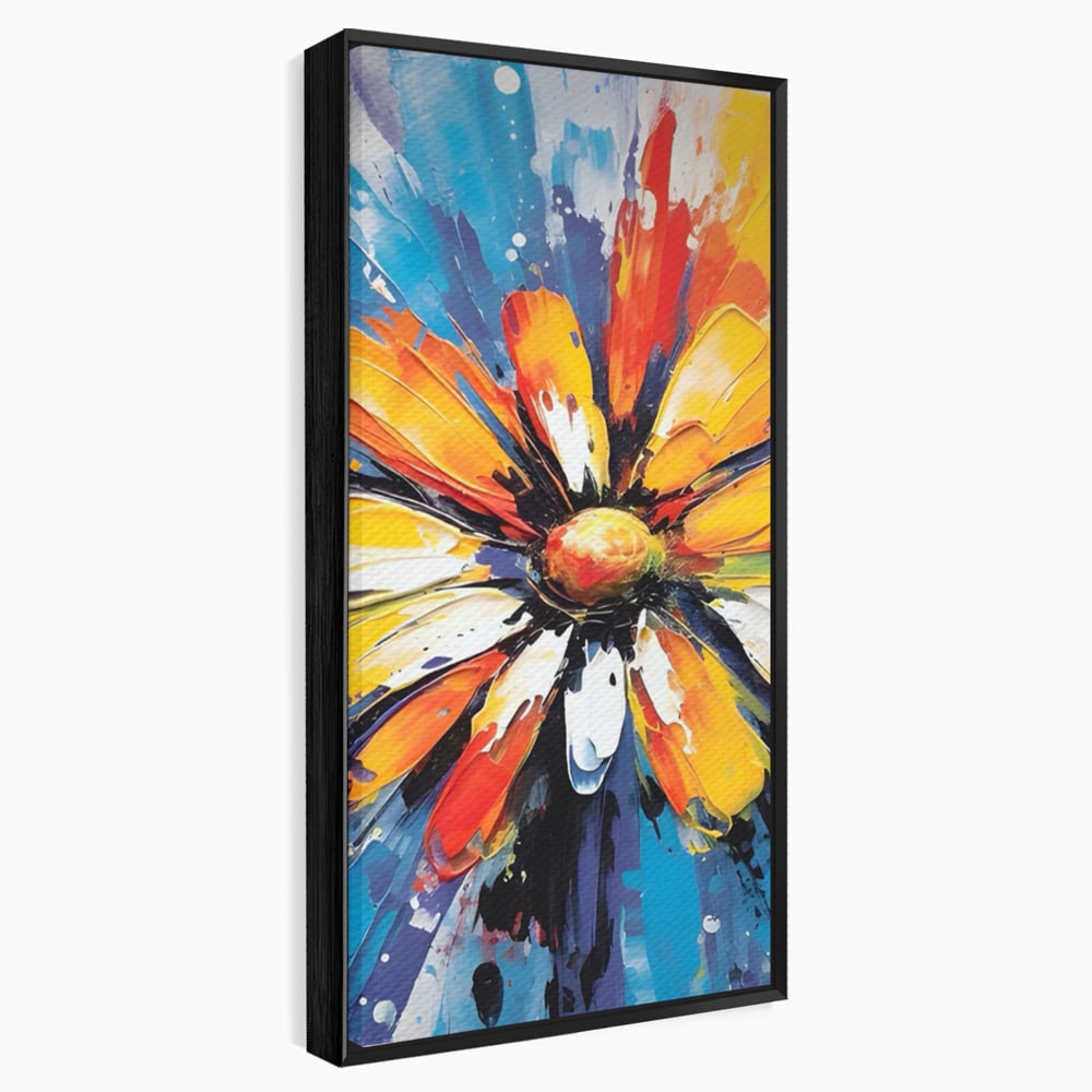 Tablou canvas cu pictura abstracta cu floare colorata, in rama de aluminiu negru